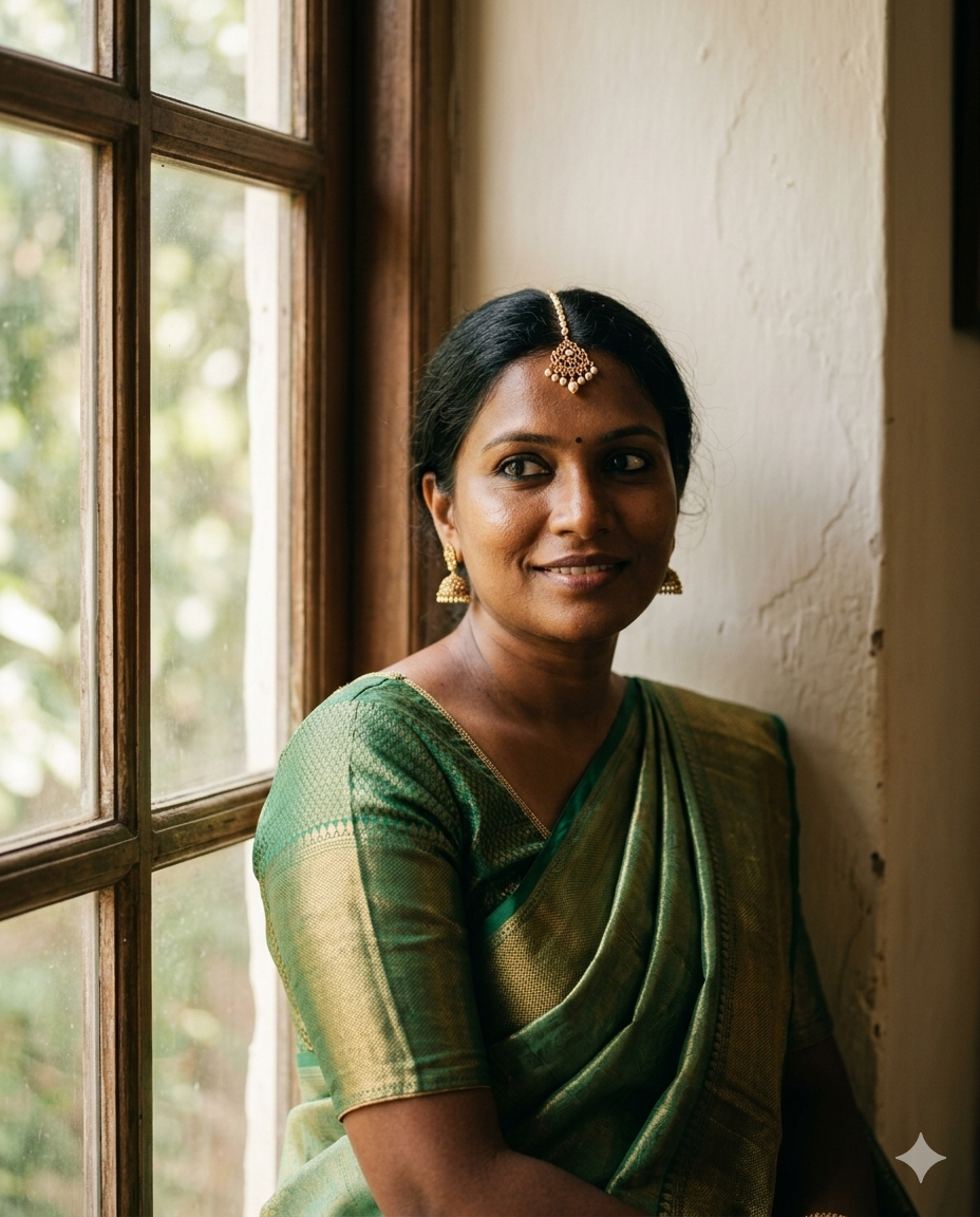A South Indian woman in green silk saree, softly lit by natural light