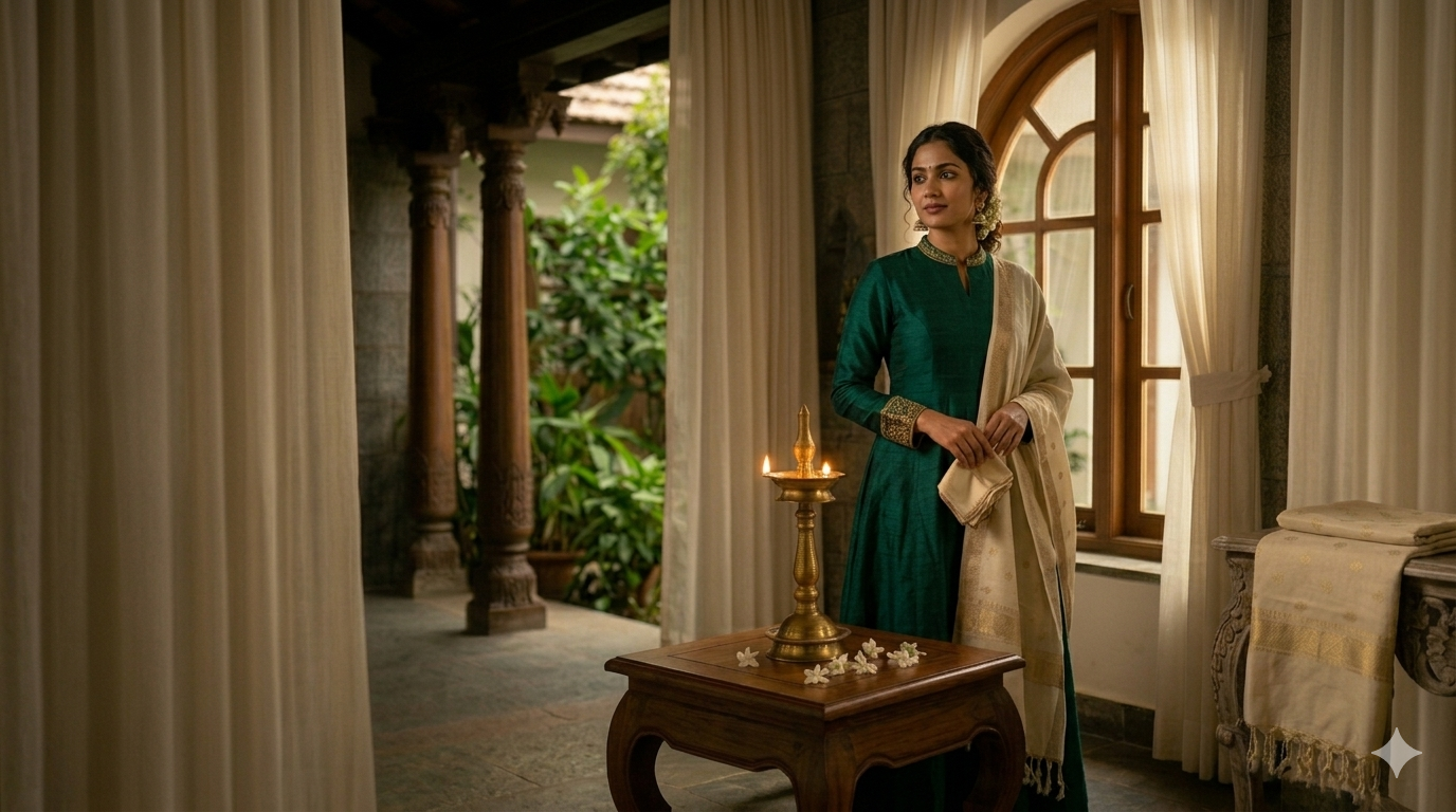 A graceful woman in emerald green beside a traditional oil lamp