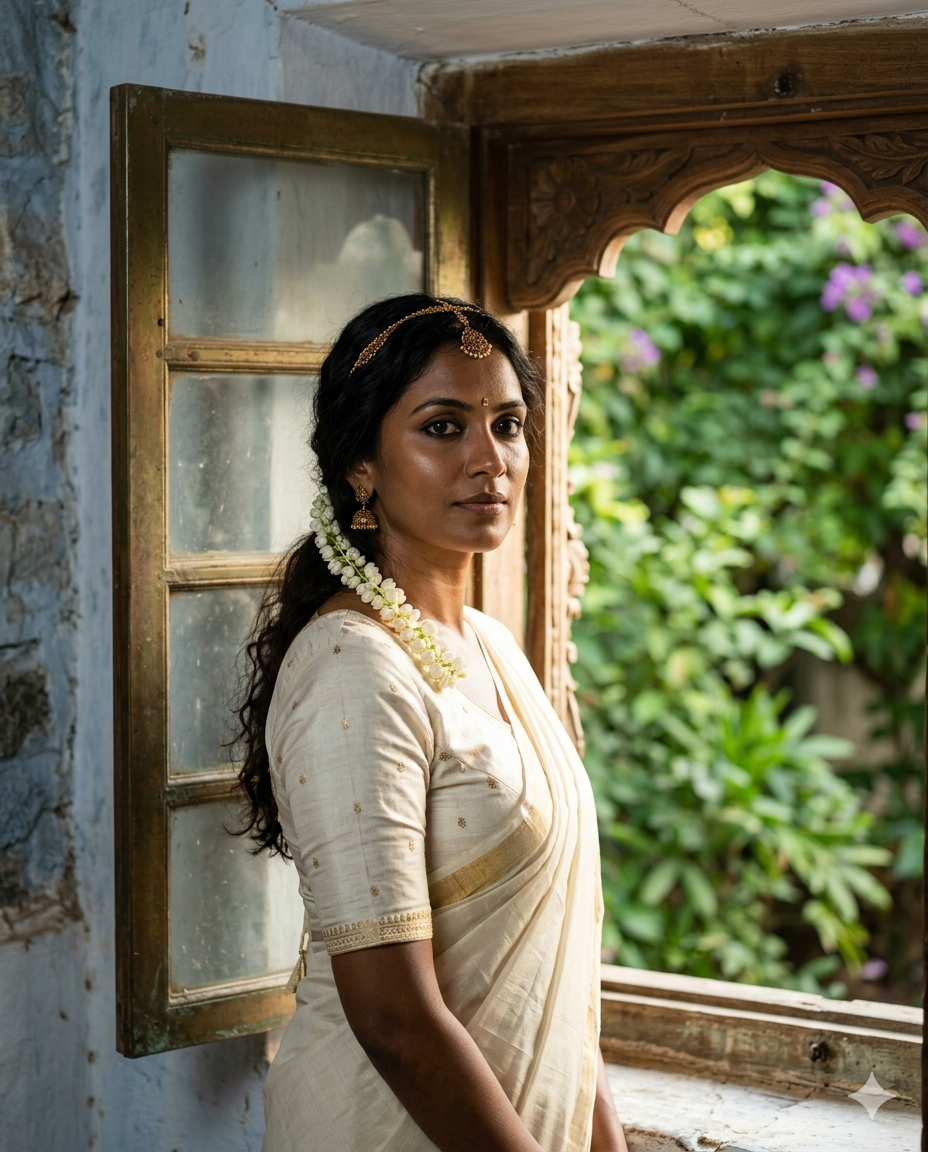 A South Indian woman in ivory silk saree beside a carved wooden window