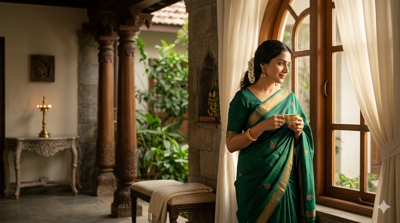 A woman in emerald green saree at a sunlit window, holding tea